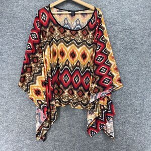 Ashley Stewart Blouse Women 14/16 Red Geometric Long Sleeve Round Neck Casual